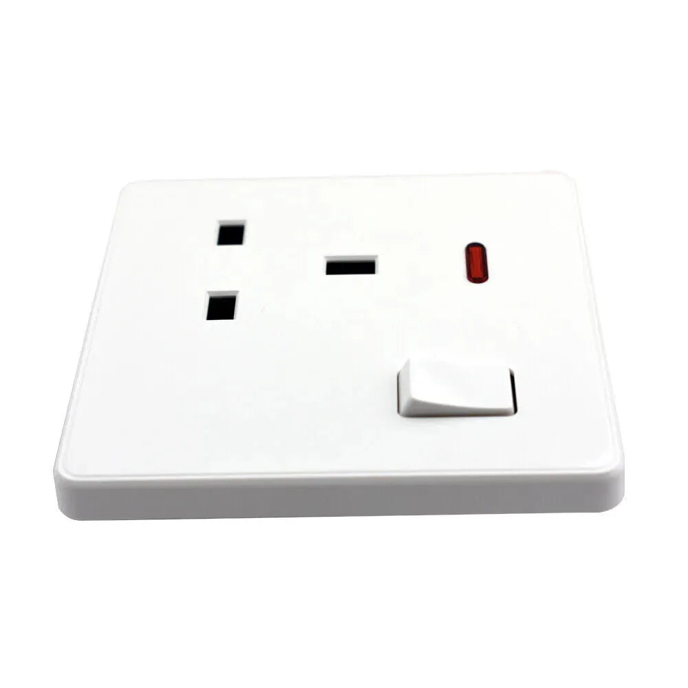 13A Single Switched Wall Plug Socket with LED Indicator - White Finish UK Standard