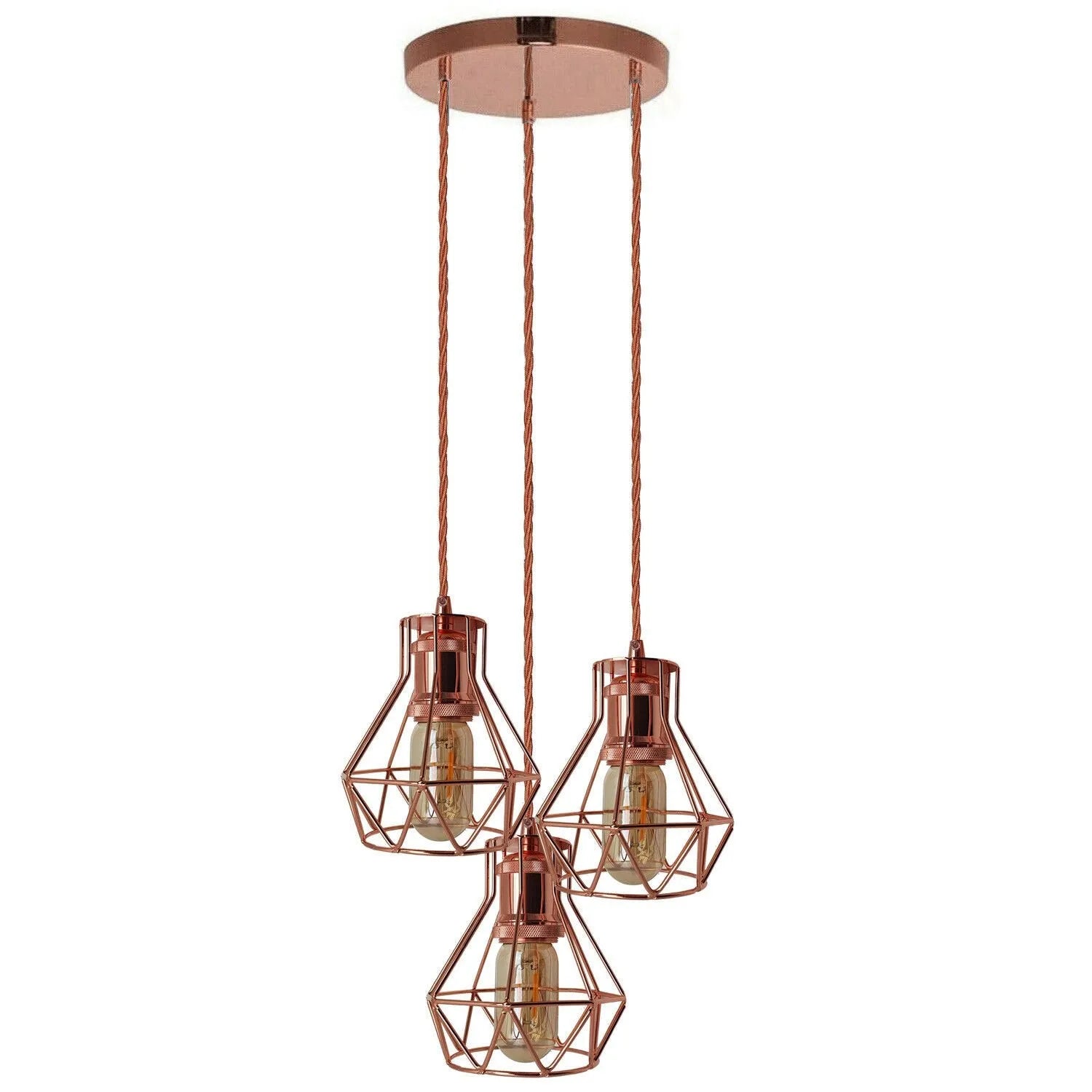 Vintage Industrial Rose Gold 3-Light Cluster Pendant with Fabric Cables, E27 Hanging