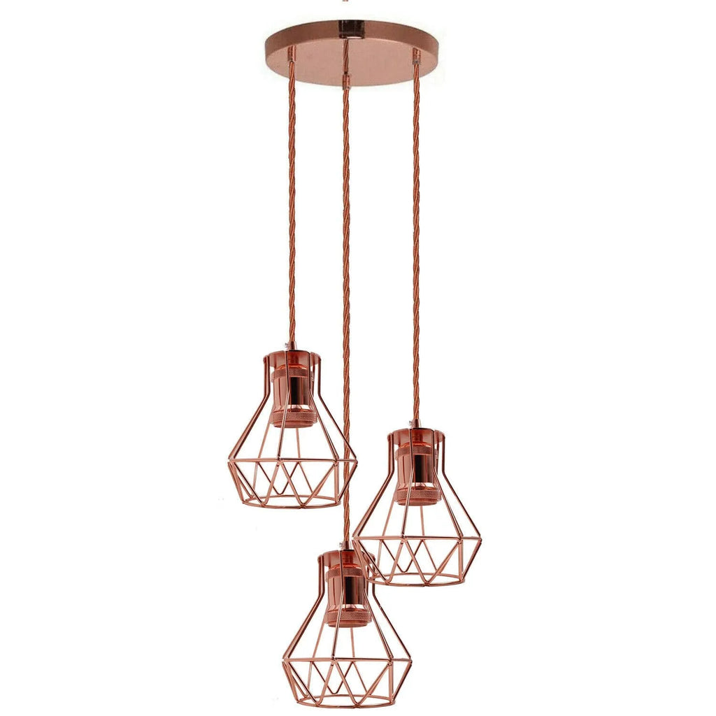 Vintage Industrial Rose Gold 3-Light Cluster Pendant with Fabric Cables, E27 Hanging