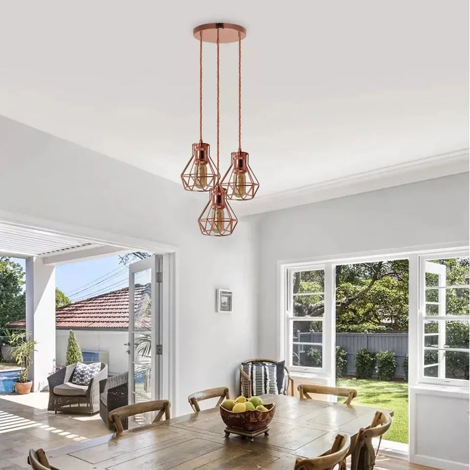 Rose Gold Vintage Industrial 3-Light Cluster Pendant Hanging Lamp