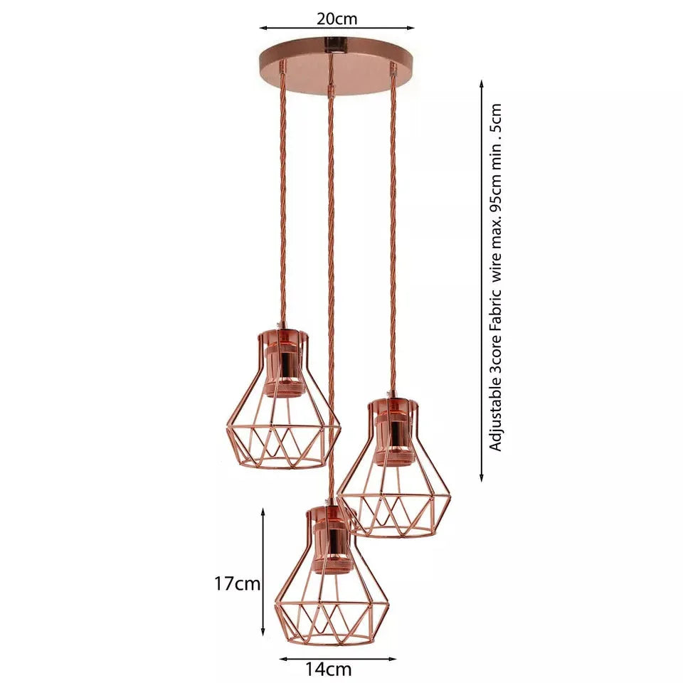 Vintage Industrial Rose Gold 3-Light Cluster Pendant with Fabric Cables, E27 Hanging