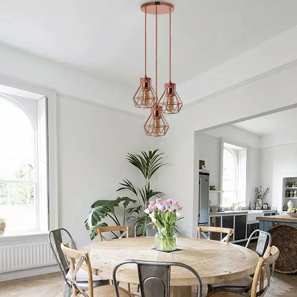 Vintage Industrial Rose Gold 3-Light Cluster Pendant with Fabric Cables, E27 Hanging