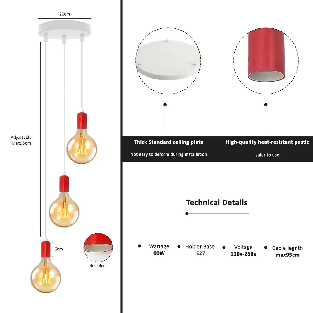 Vintage E27 3-Light Ceiling Pendant Lamp Kit with Amber Glass Bulbs