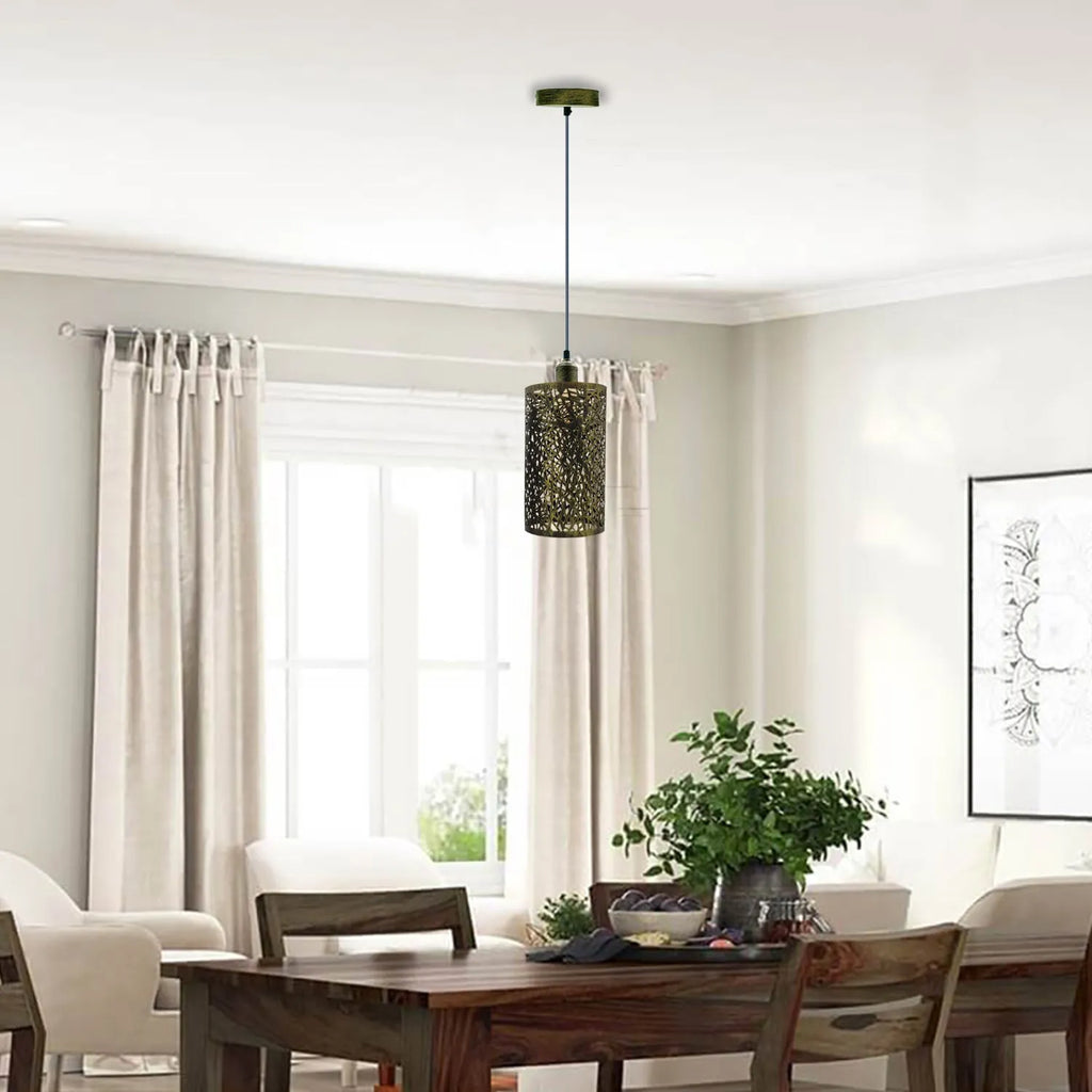 Industrial Brushed Brass Drum Cage Pendant Light with E27 Base