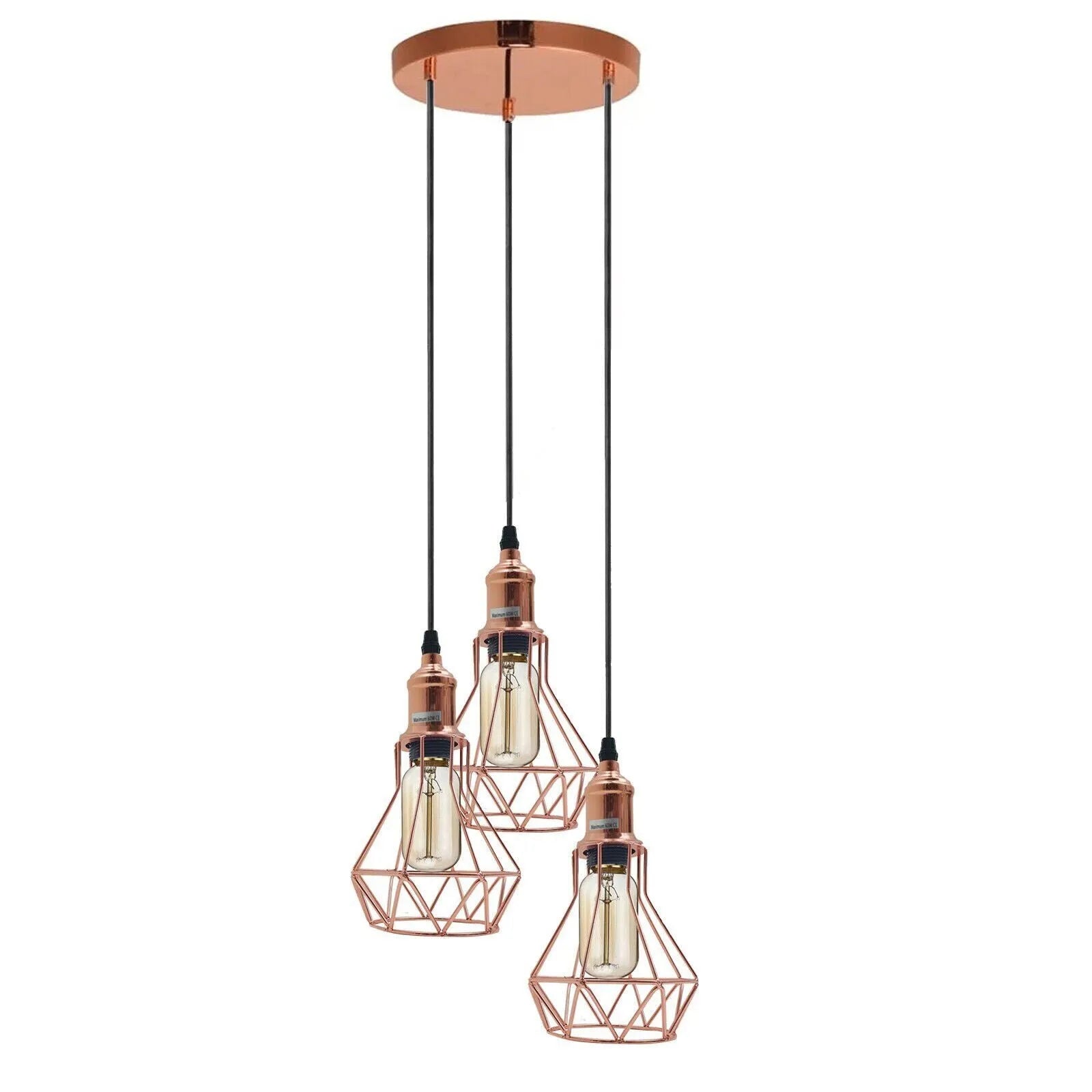 Rose Gold 3-Way Diamond Cage Pendant Retro Industrial Ceiling Light