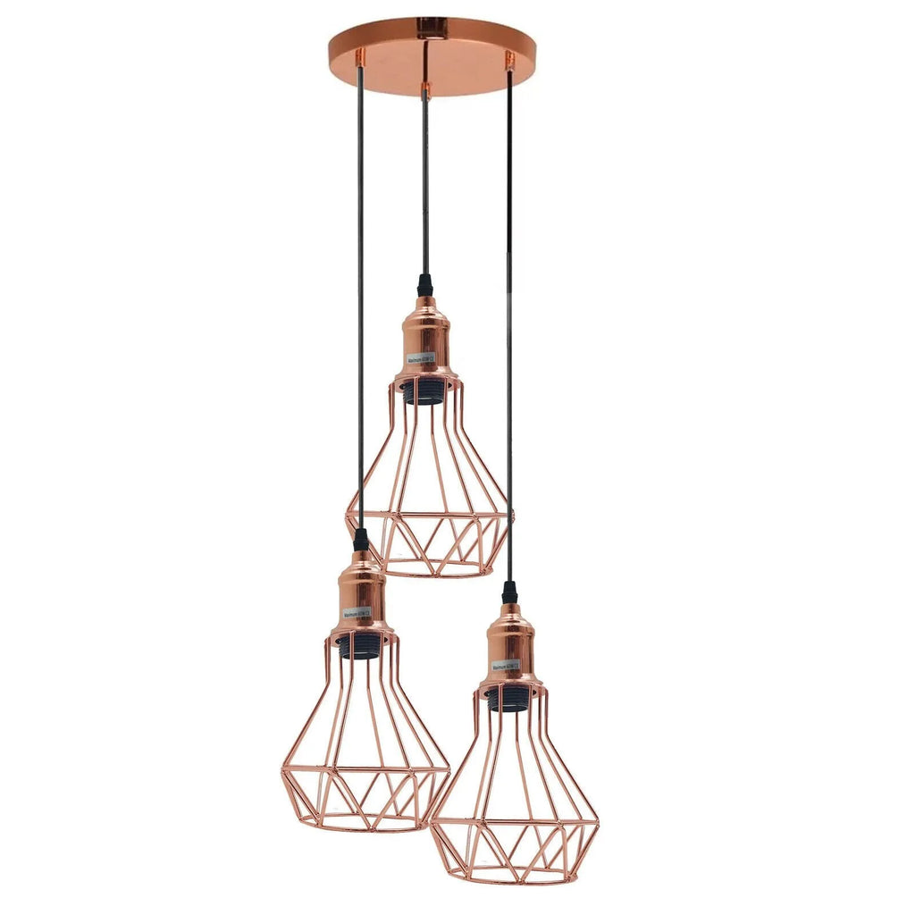 Vintage Retro 3-Way Diamond Cage Pendant Ceiling Light, Rose Gold Finish