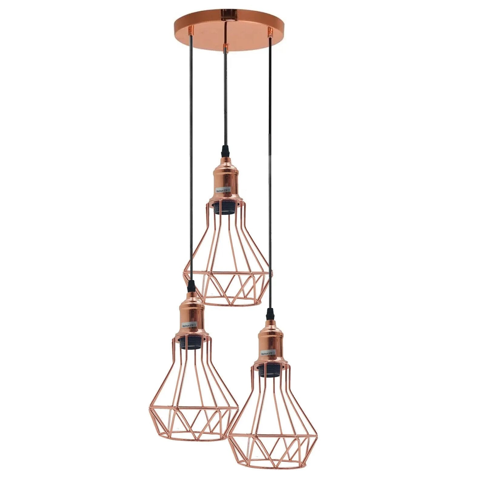 Rose Gold 3-Way Diamond Cage Pendant Retro Industrial Ceiling Light