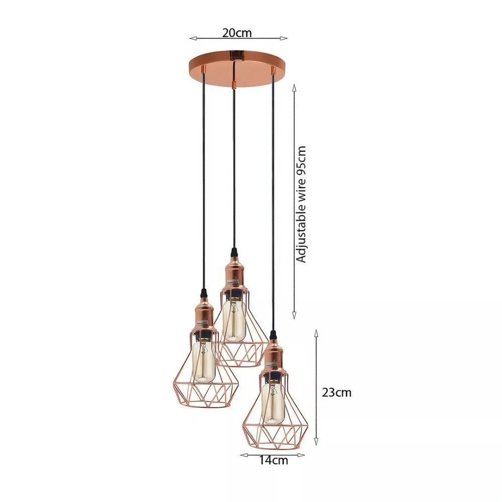 Rose Gold 3-Way Diamond Cage Pendant Retro Industrial Ceiling Light