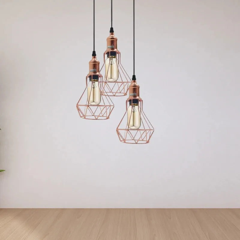 Rose Gold 3-Way Diamond Cage Pendant Retro Industrial Ceiling Light