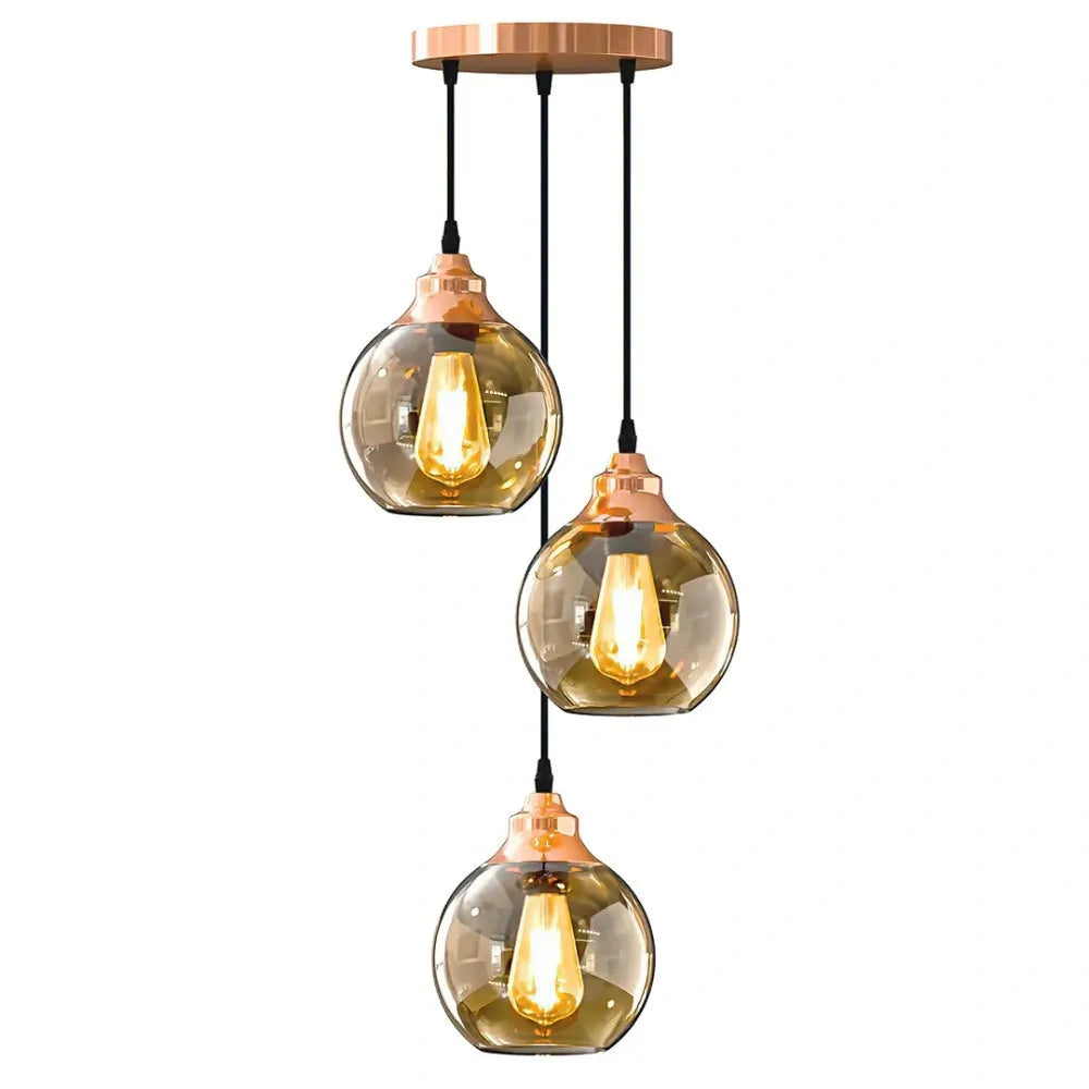 Vintage Smoked Glass 3-Light Teardrop Pendant Ceiling Chandelier Copper Finish