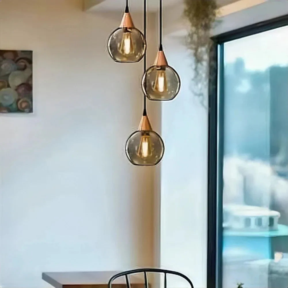 Vintage Smoked Glass 3-Light Teardrop Pendant Ceiling Chandelier Copper Finish