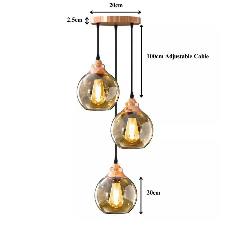 Vintage Smoked Glass 3-Light Pendant Chandelier with Rose Gold Finish