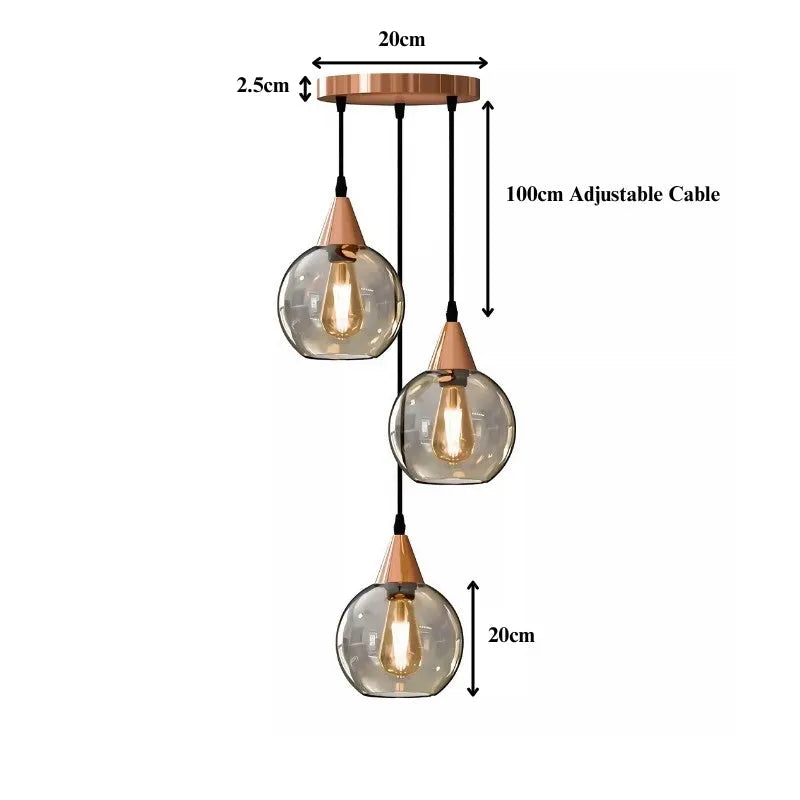 Vintage Smoked Glass 3-Light Pendant Chandelier with Rose Gold Finish