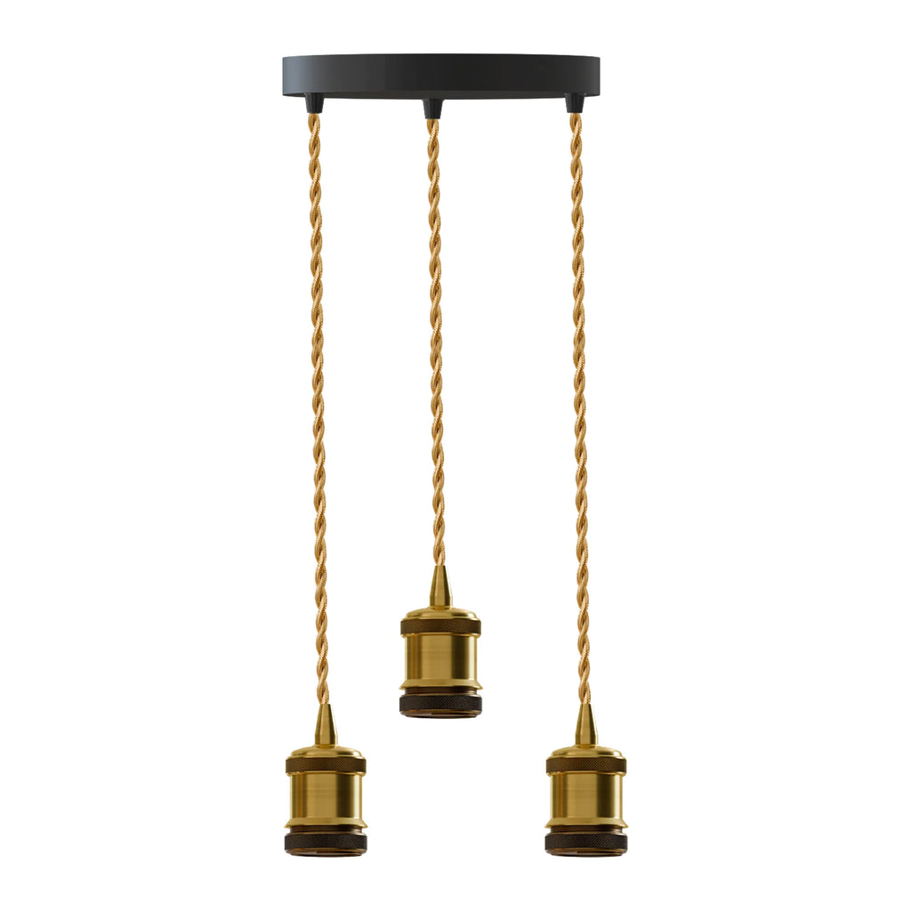 Industrial 3-Light Ceiling Pendant with Brass Holders and Gold Twisted Wire