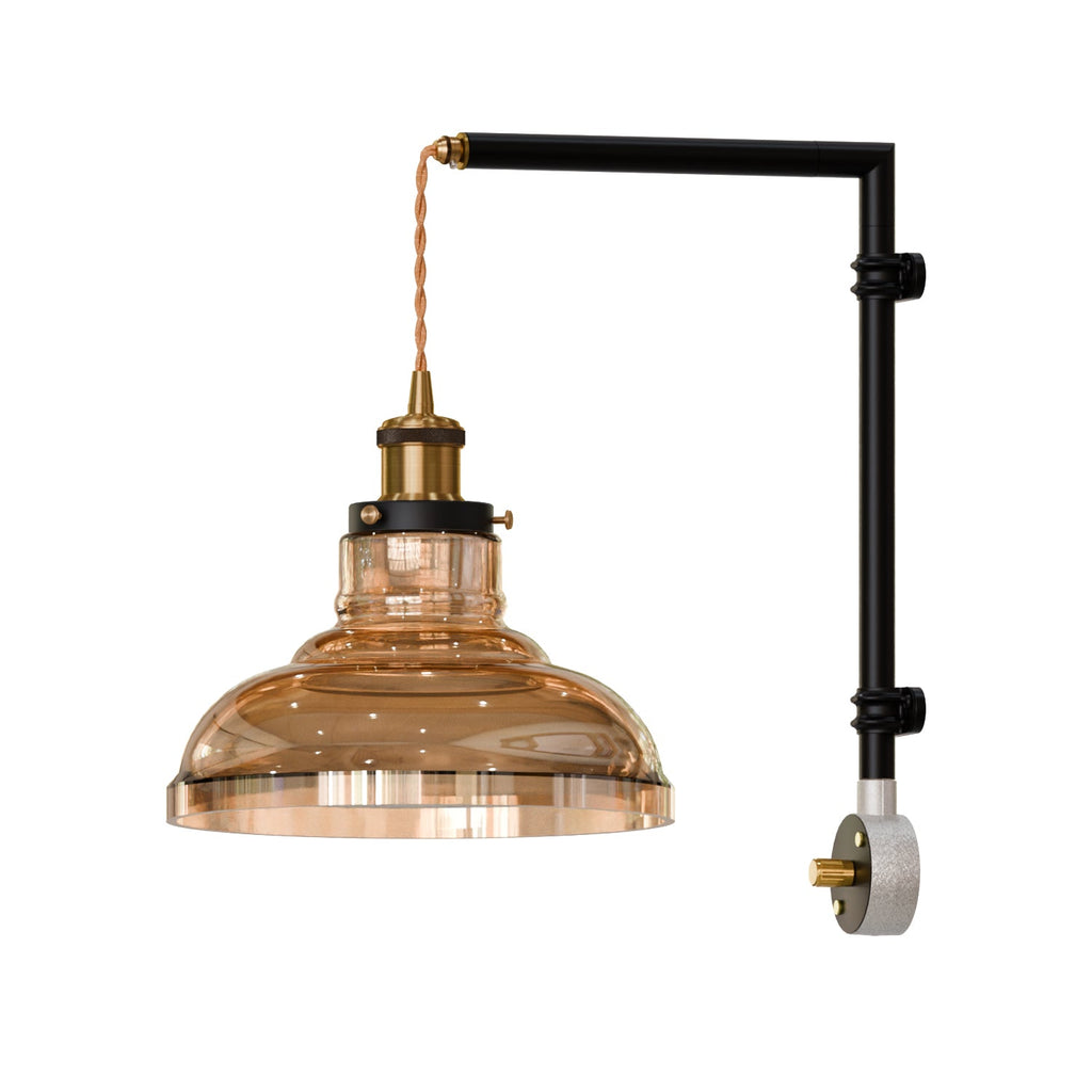 Industrial Black Conduit Wall Light Kit, Amber Glass Shade, Rotary Switch