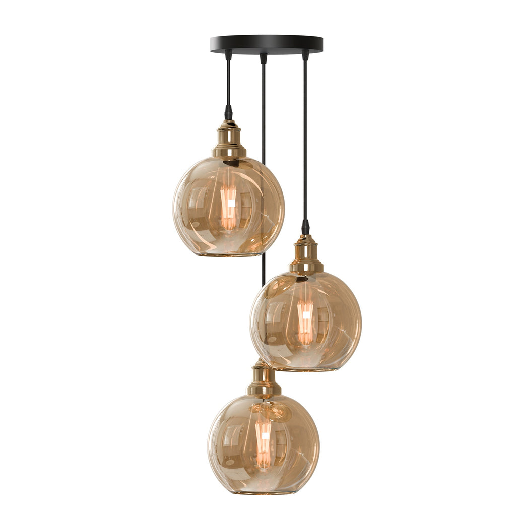 Industrial 3-Head Amber Glass Pendant Ceiling Light Fixture for Dining Room