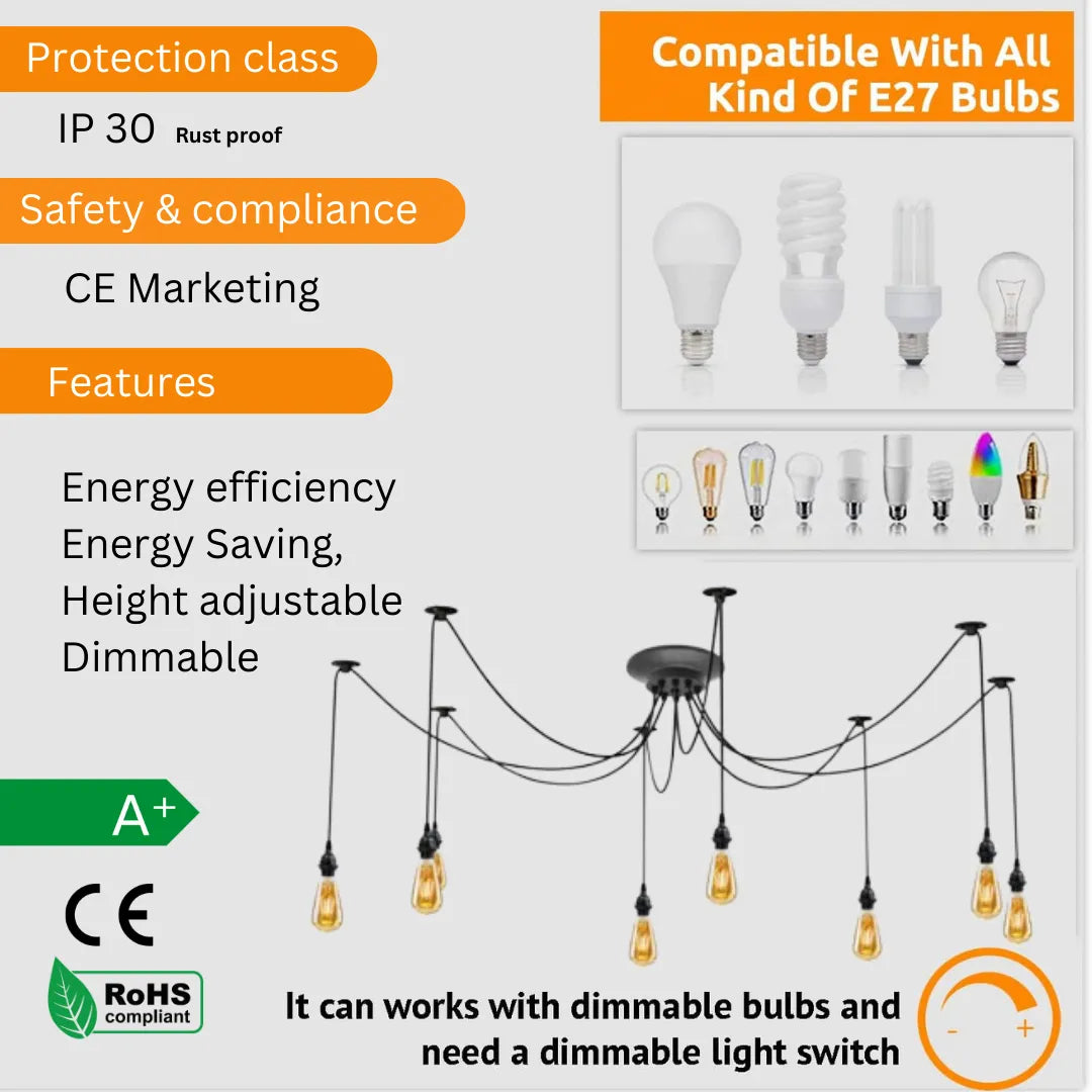 Industrial 8-Way Spider Chandelier 2m Adjustable ~6269