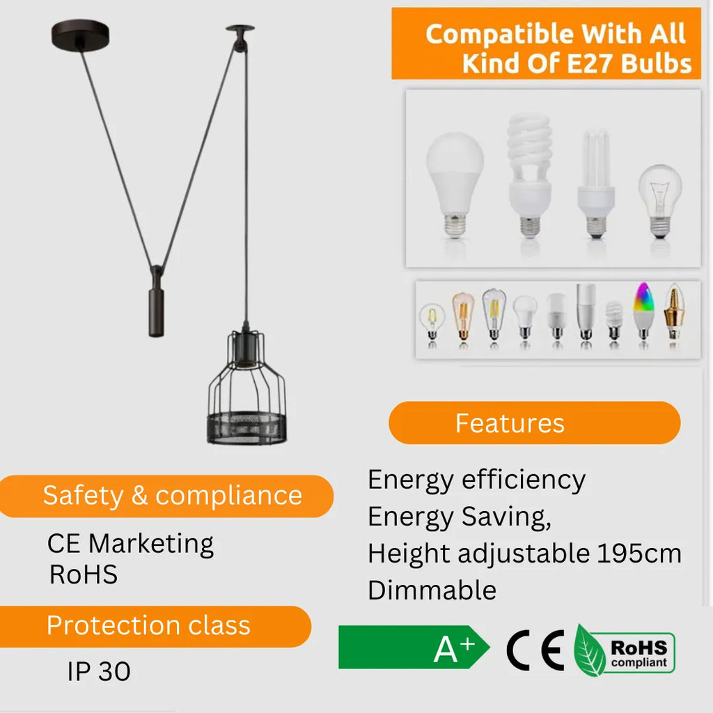 Retro Single Arm Birdcage Pendant Light | E27 | Vintage | Adjustable ~6318