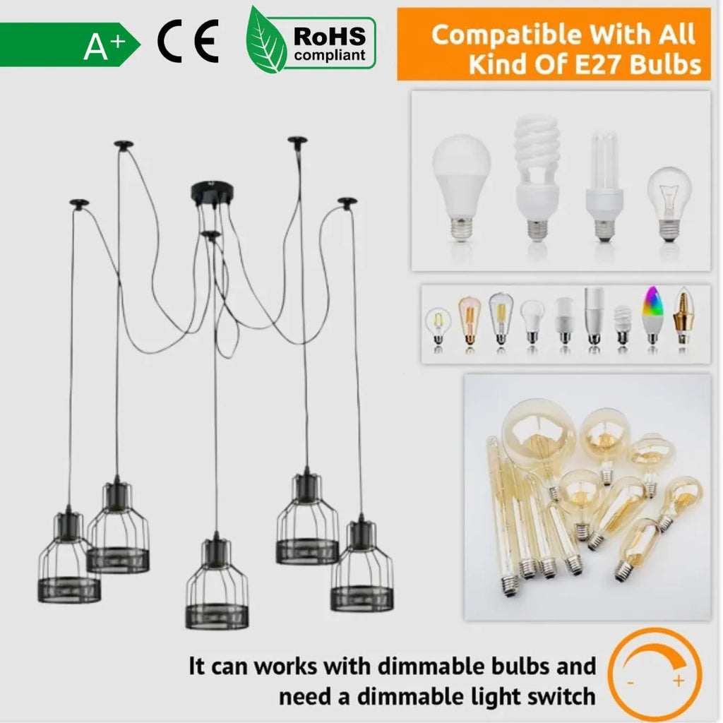 Retro Single Arm Birdcage Pendant Light | E27 | Vintage | Adjustable ~6318