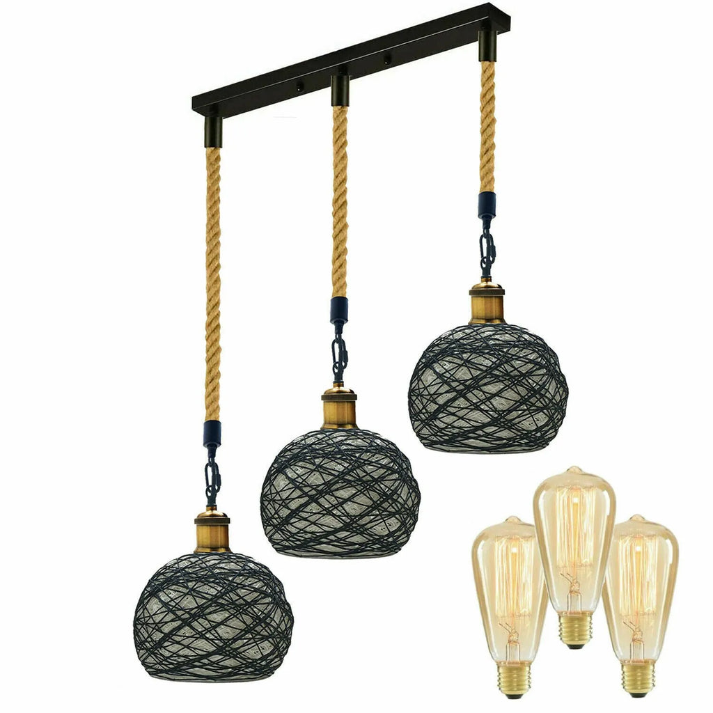 Vintage 3 Head Rattan Hemp Rope Woven Dome Ceiling Pendant Light ~6337