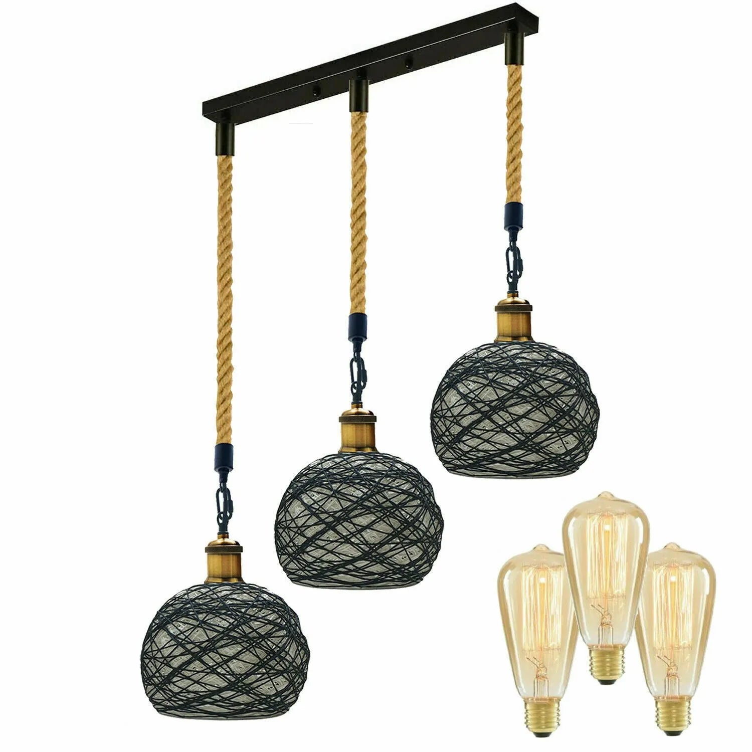 Vintage 3 Head Rattan Hemp Rope Woven Dome Ceiling Pendant Light ~6337
