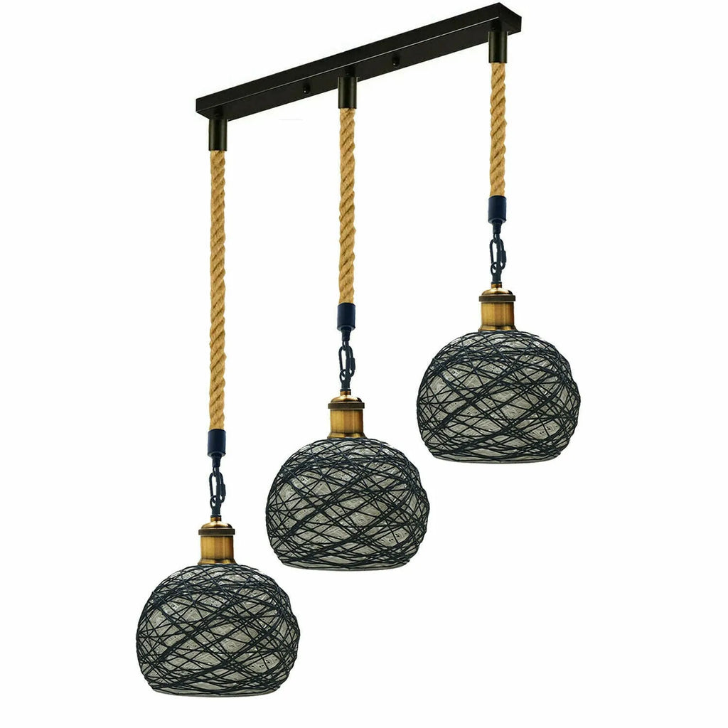 Rustic Woven Rattan Hemp Rope 3-Head Dome Ceiling Pendant Light Fixture