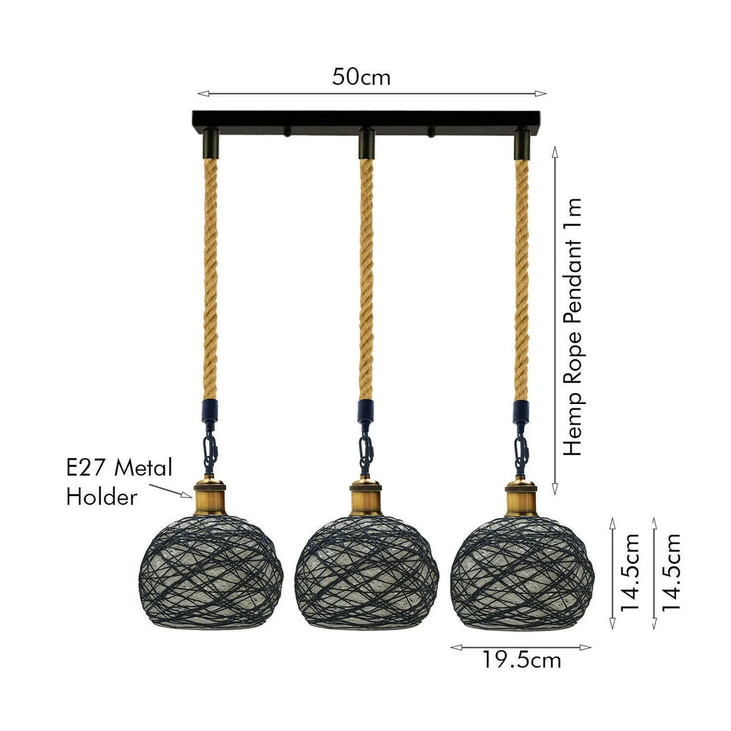Vintage 3 Head Rattan Hemp Rope Woven Dome Ceiling Pendant Light ~6337