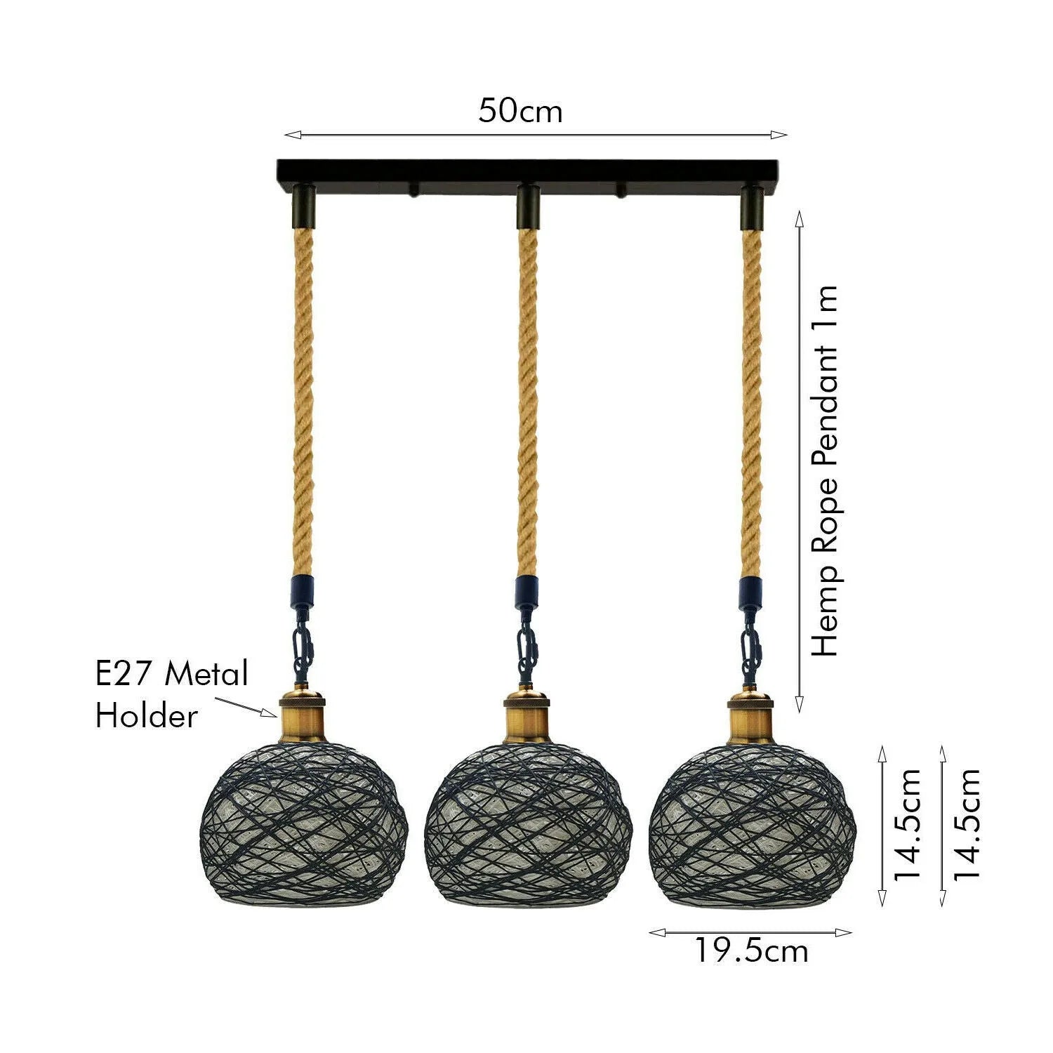 Vintage 3 Head Rattan Hemp Rope Woven Dome Ceiling Pendant Light ~6337