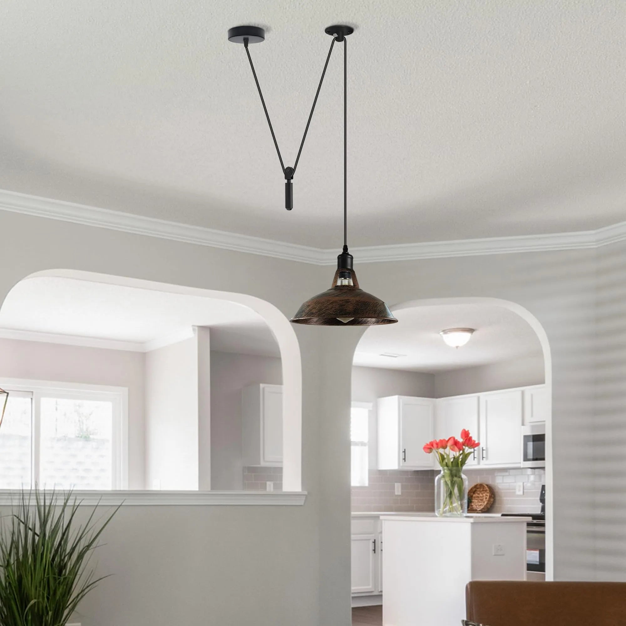 Industrial Pulley Pendant Light with Adjustable Metal Shade for Kitchen Island