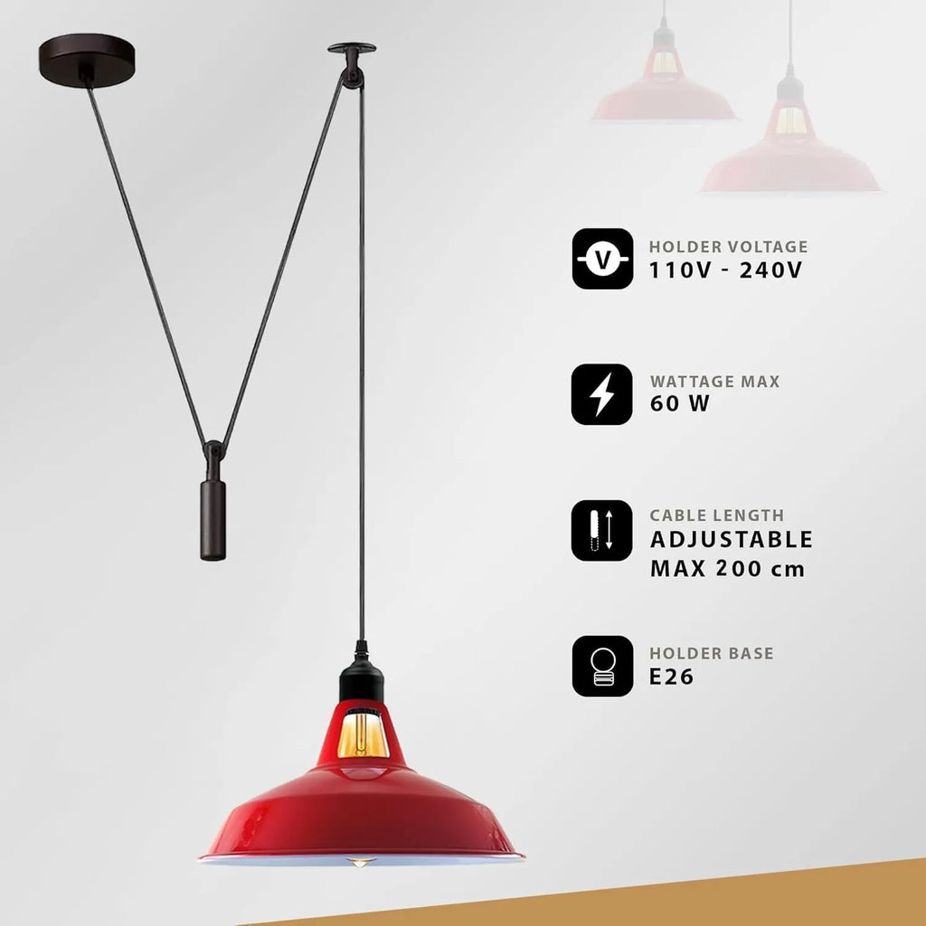 Industrial Pulley Pendant Light with Adjustable Metal Shade for Kitchen Island