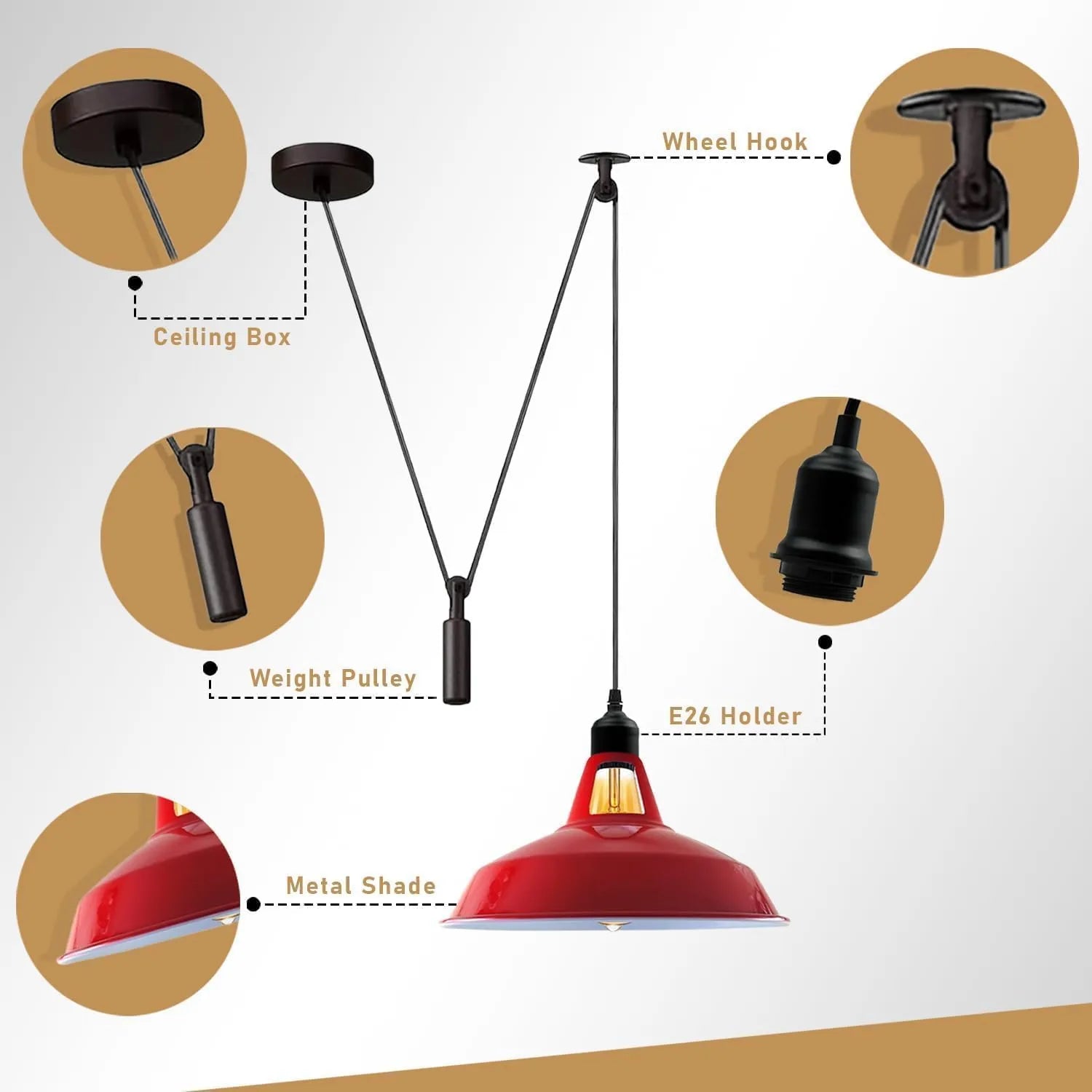 Industrial Pulley Pendant Light with Adjustable Metal Shade for Kitchen Island