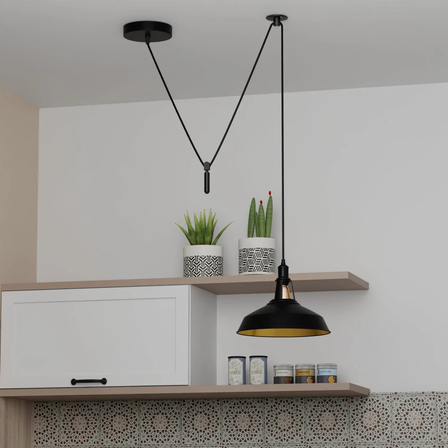 Industrial Pulley Pendant Light with Adjustable Metal Shade for Kitchen Island