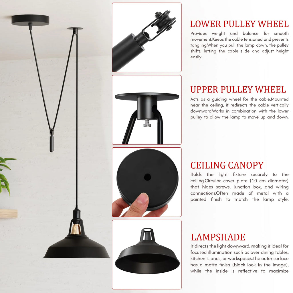 Industrial Pulley Pendant Light with Adjustable Metal Shade for Kitchen Island