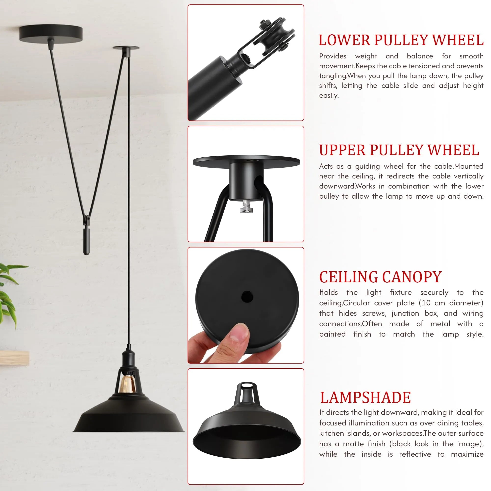 Industrial Pulley Pendant Light with Adjustable Metal Shade for Kitchen Island
