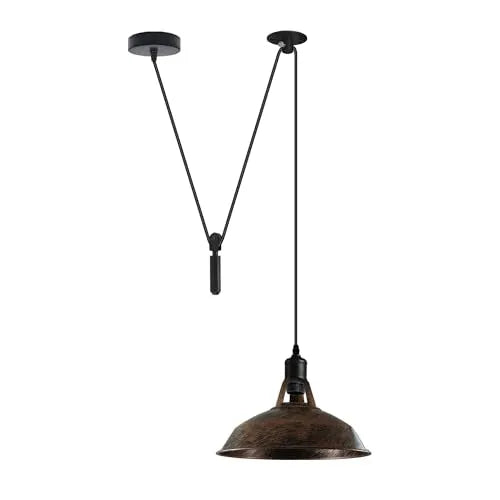 Industrial Pulley Pendant Light with Adjustable Metal Shade for Kitchen Island