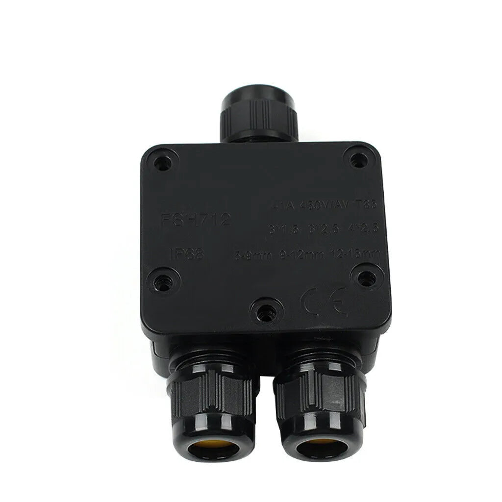IP68 Outdoor Electrical Junction Box Connector, Black 3-Way Waterproof Cable
