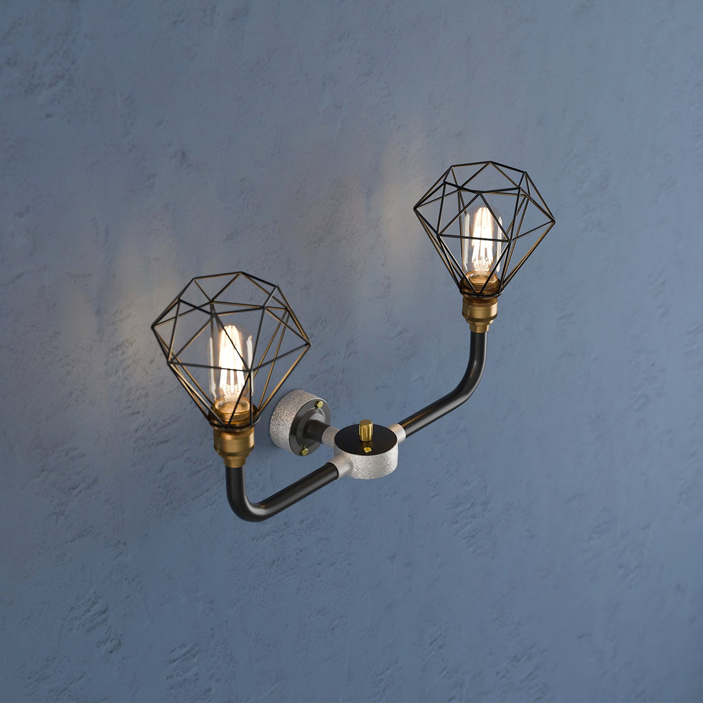 Industrial Conduit Two-Way Diamond Cage Wall Light Kit Lamp Fixture Black Brass