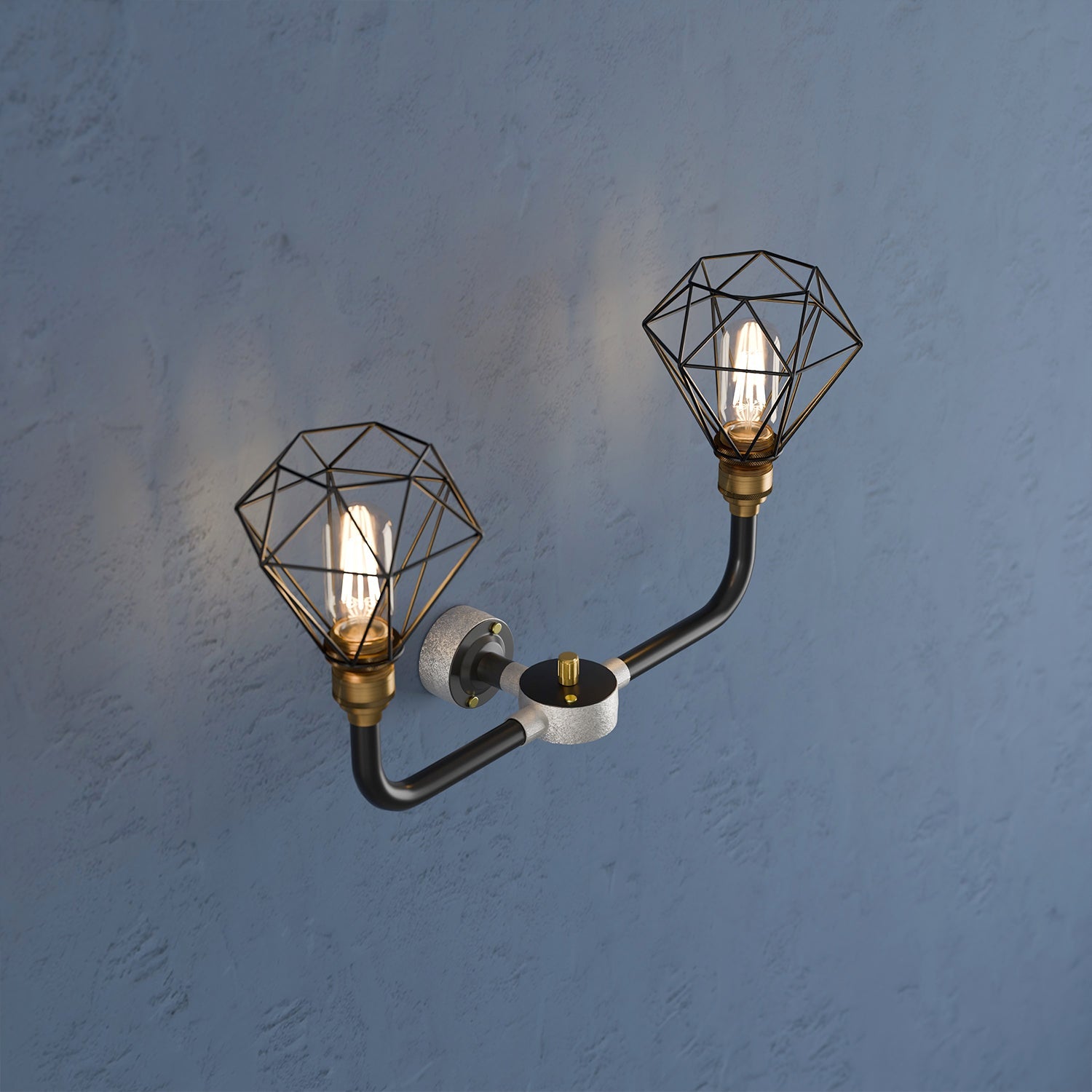 Industrial Conduit Two-Way Diamond Cage Wall Light Kit Lamp Fixture Black Brass
