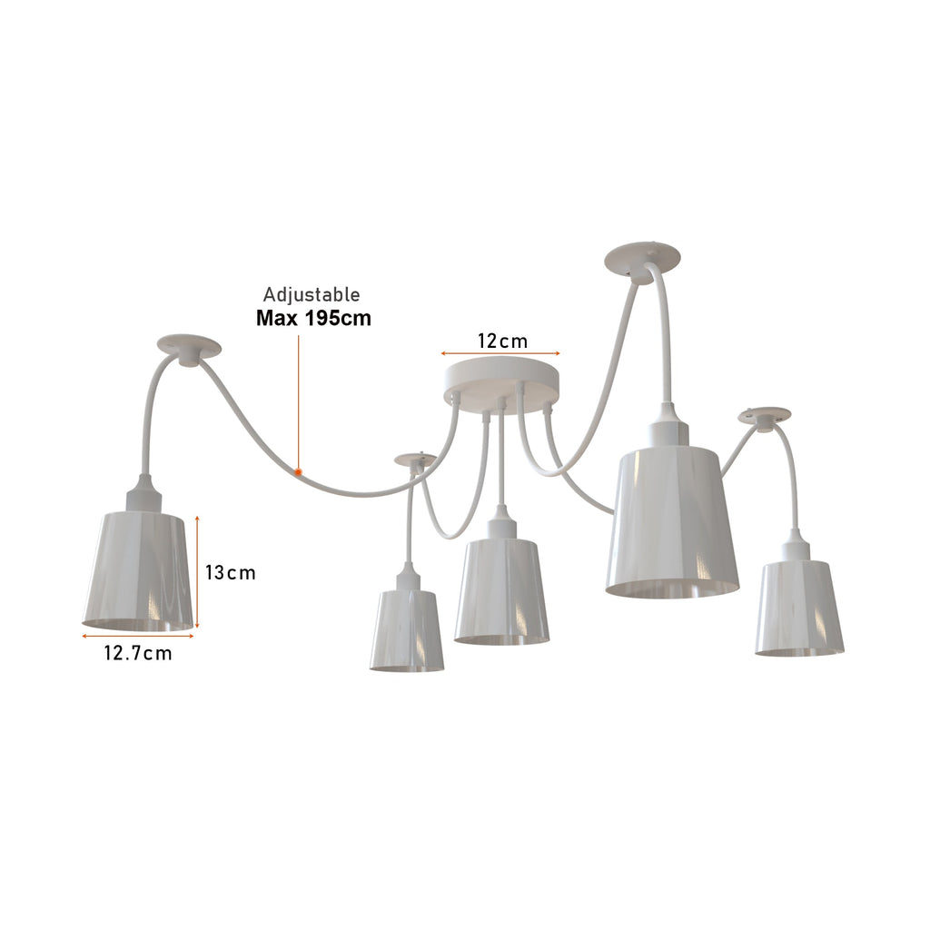 Modern Industrial 5-Way Spider Pendant Light with White Metal Shades