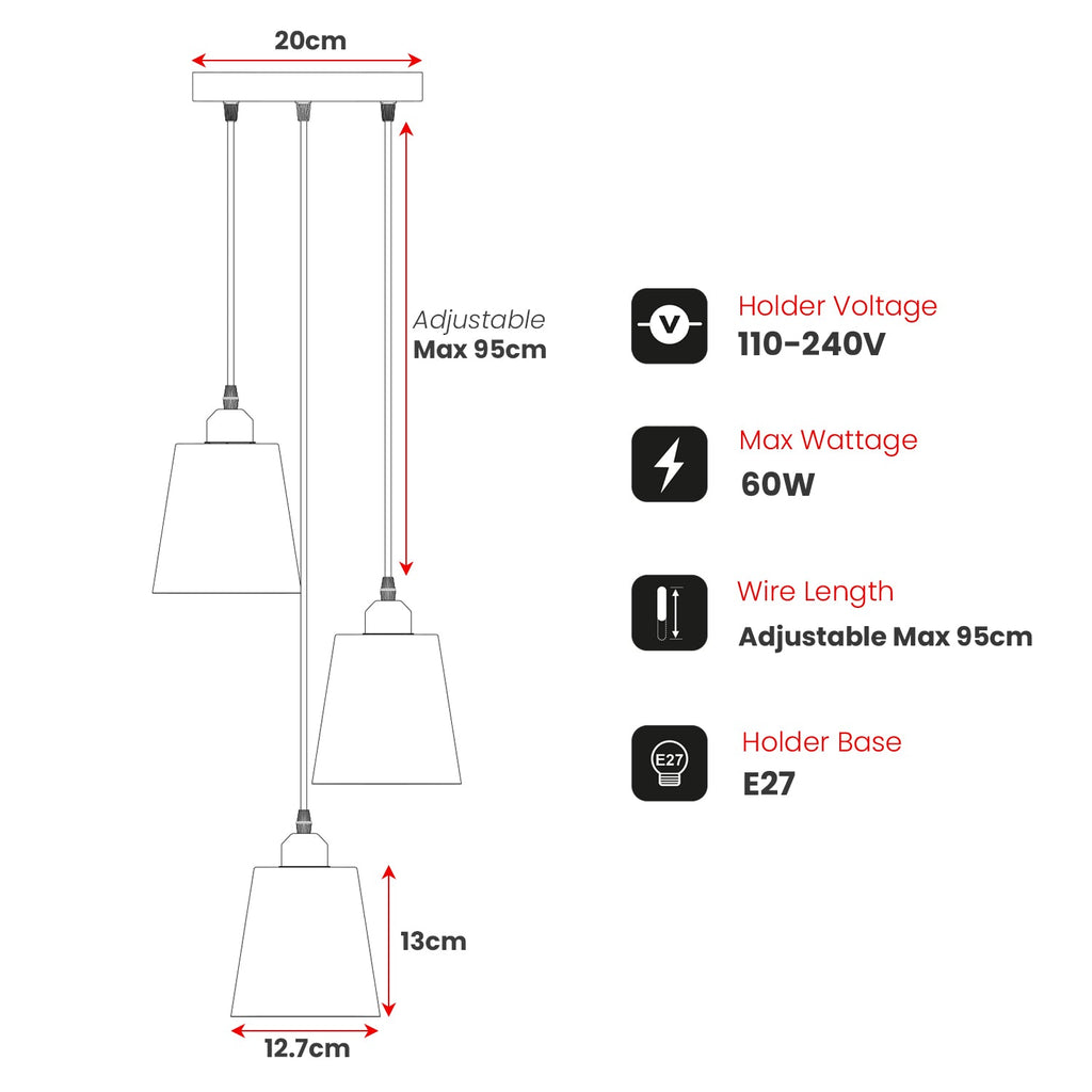 Round 3-Head Pendant Light with Adjustable Cables – E27 Compatible ~5876