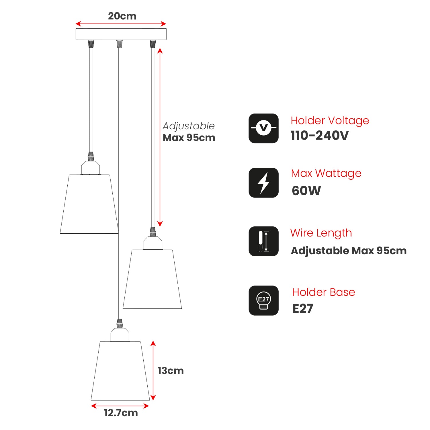 Industrial Adjustable 3-Head Round Metal Pendant Light, E27 Base Compatible