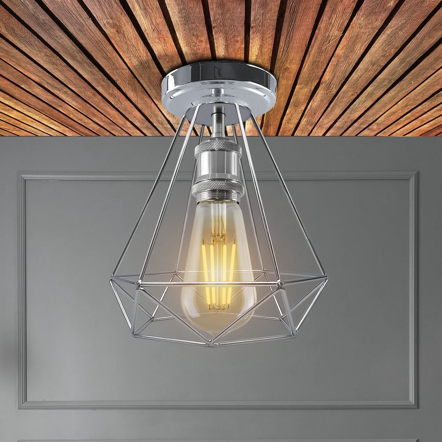 Vintage Chrome Metal Semi Flush Ceiling Light Fixture E27 Edison Cage Design