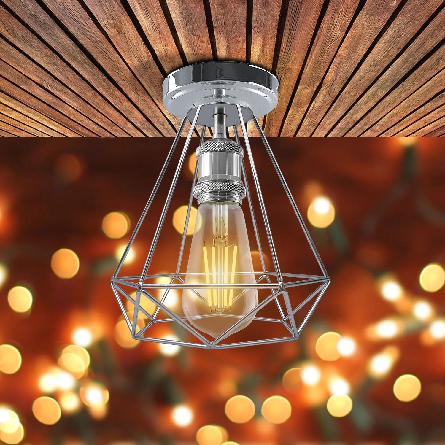 Vintage Chrome Metal Semi Flush Ceiling Light Fixture E27 Edison Cage Design