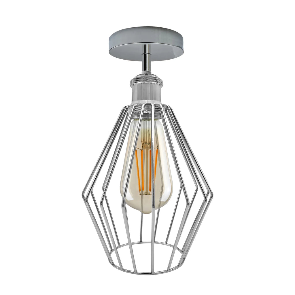 Vintage Industrial Chrome Diamond Cage Flush Mount E27 Ceiling Light Fixture