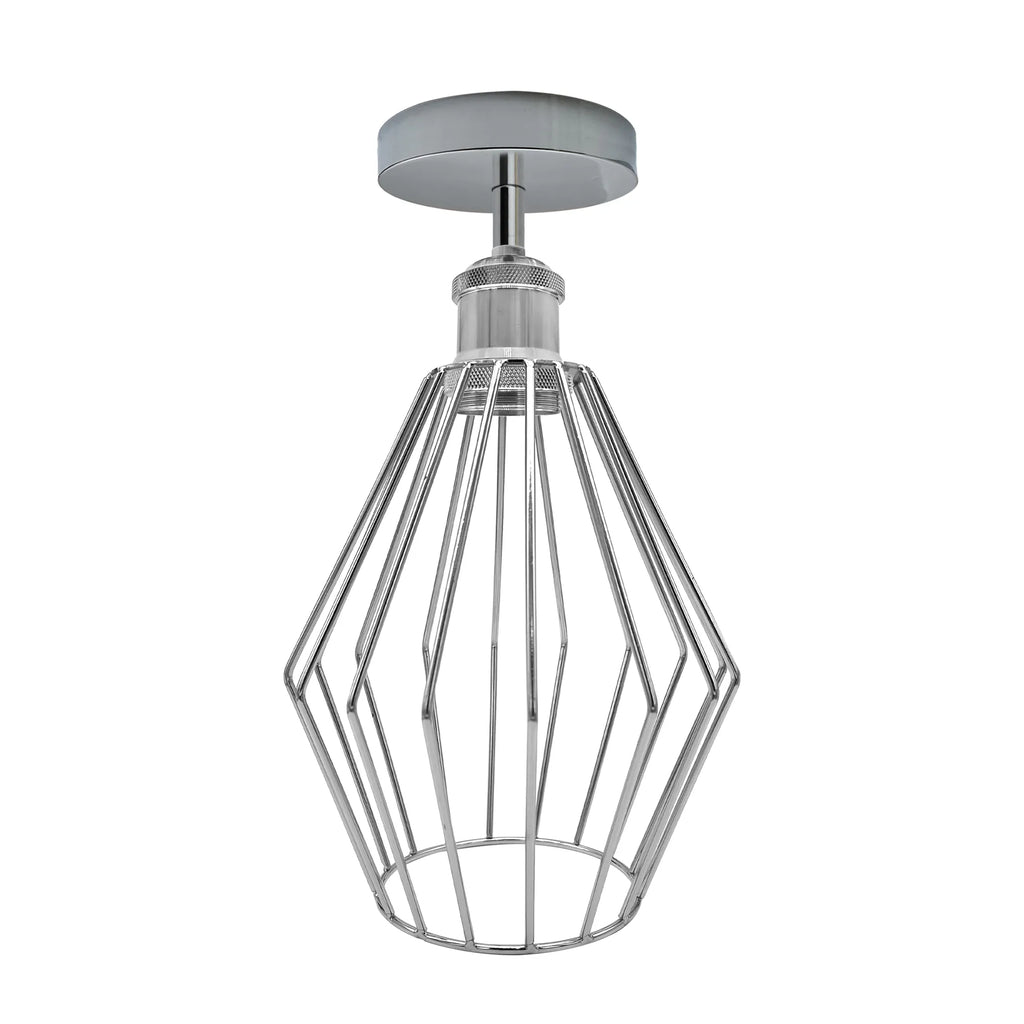 Vintage Industrial Chrome Diamond Cage Flush Mount E27 Ceiling Light Fixture