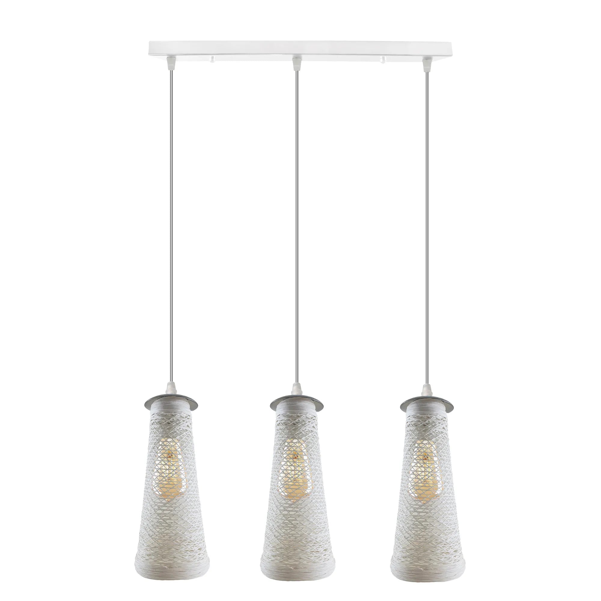 Handmade White Woven Twine Shade 3-Head Rectangle Base Ceiling Pendant Light Fixture