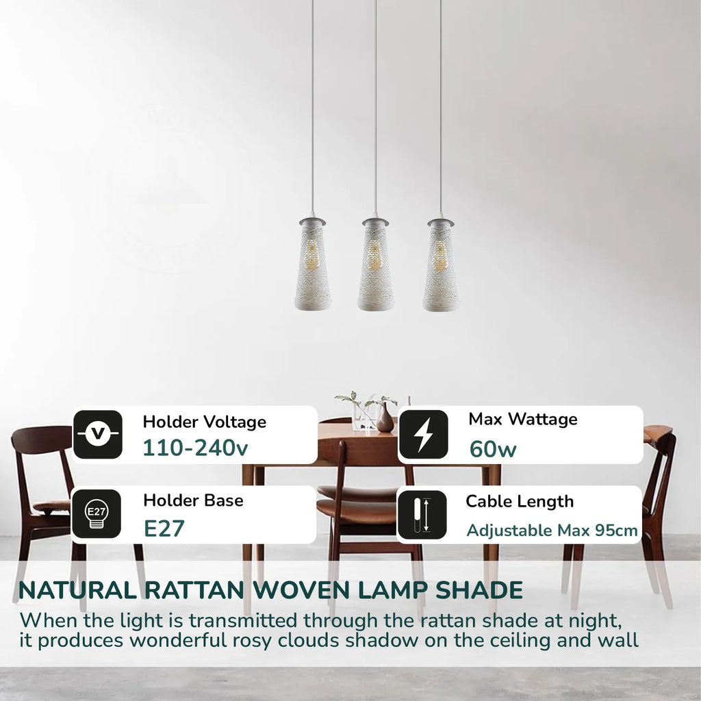 Handmade White Woven Twine Shade 3-Head Rectangle Base Ceiling Pendant Light Fixture