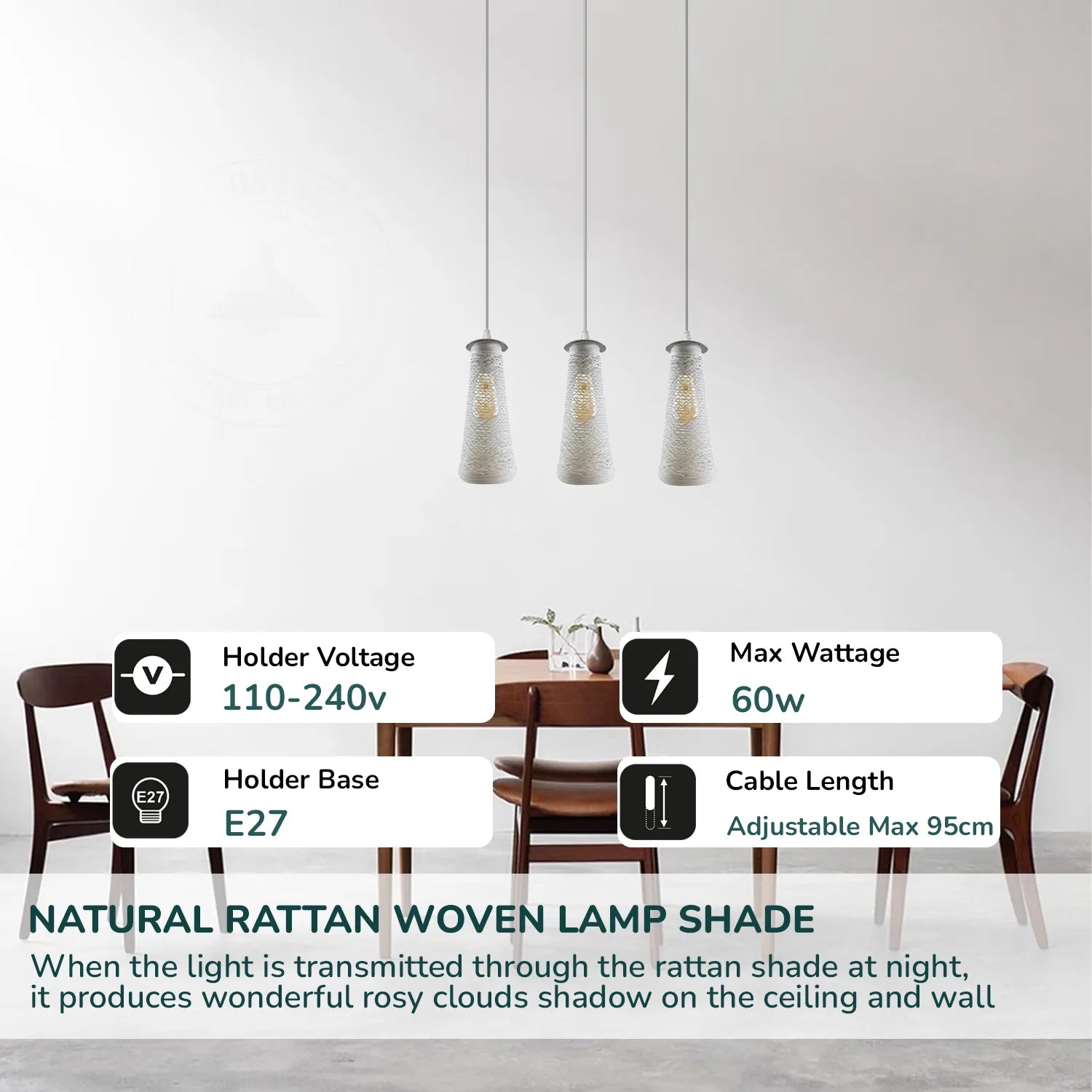 Handmade White Woven Twine Shade 3-Head Rectangle Base Ceiling Pendant Light Fixture