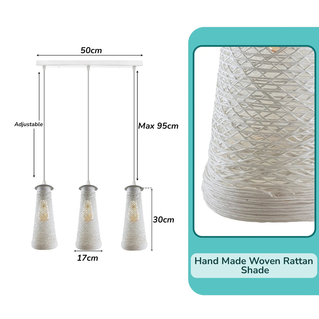 Handmade White Woven Twine Shade 3-Head Rectangle Base Ceiling Pendant Light Fixture
