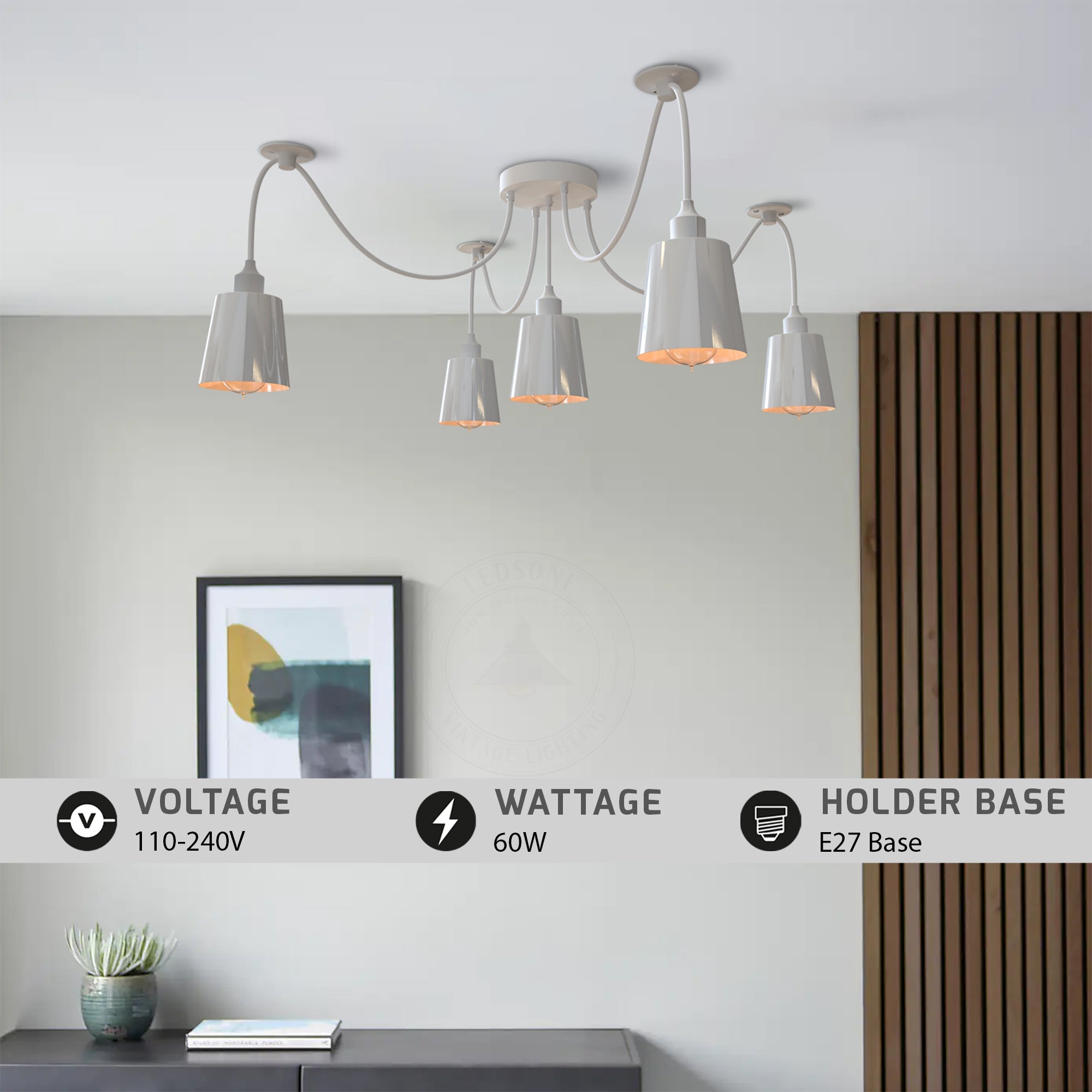 Modern Industrial 5-Way Spider Pendant Light with White Metal Shades